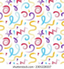Vector colorful line squiggle seamless pattern. Abstract shapes minimalistic trendy 90s style on white background. Scribble backdrop for wallpaper, print, textile, fabric, wrapping.