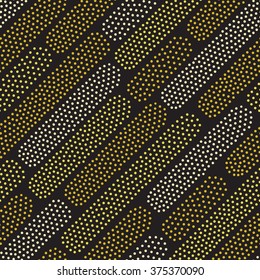 Vector colorful lineal geometric seamless pattern in gold tone. Repeating abstract parallel diagonal line with rounded corners different size. Circles, dots 