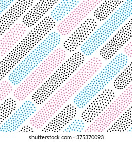 Vector colorful lineal geometric seamless pattern. Repeating abstract parallel diagonal line with rounded corners different size. Circles, dots, red, pink, blue, white 