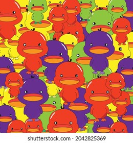 Vector colorful little ducks are cute cartoon characters of various colors overlapping each other to fill the frame.