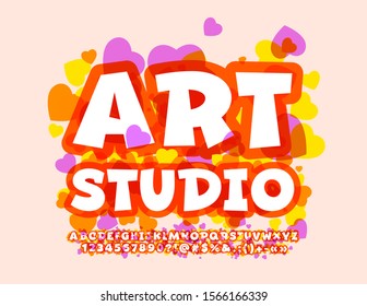Vector colorful logo Art Studio. Bright Font with decorative hearts. Funny Alphabet Letters, Numbers and Symbols