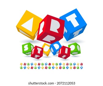 Vector colorful logo Art Studio with creative Block Font. Cubic set of Alphabet Letters and Numbers