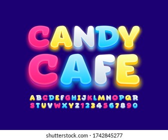 Vector colorful logo Candy Cafe with glowing Funny Font. Bright Alphabet Letters and Numbers