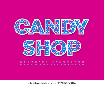 Logo de color vectorial Candy Shop. Fuente moderna y brillante. Patrón floral Alfabeto Letras y Números. 