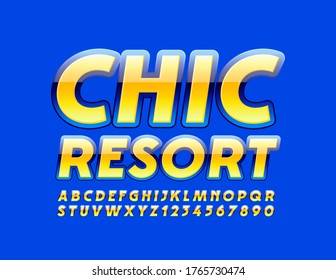 Logo de color vectorial Chic Resort con fuente Glossy elegante. Letras y números de alfabeto luminosos