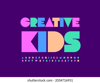 Vector colorful logo Creative Kids. Simple style Font. Bright trendy Alphabet Letters and Numbers set