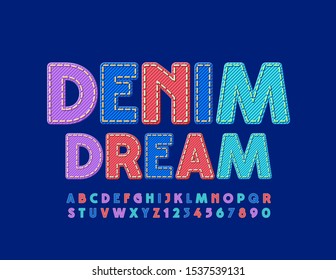 Vector colorful logo Denim Dream. Jeans texture Font. Textile Uppercase Alphabet Letters and Numbers