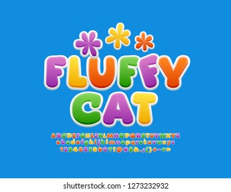 Vector colorful logo Fluffy Cat with cute flowers. Bright sticker style Alphabet Letters, Numbers and Symbols. Children funny Font.