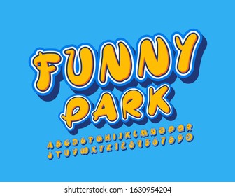 Vector colorful logo Funny Park. Bright Playful Font for Kids. Artistic Alphabet Letters and Numbers.