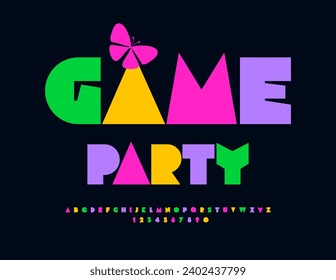 Vector Colorful Logo Game Party with decorative Butterfly. Bright Children Font. Trendy Alphabet Letters, Numbers and Symbols