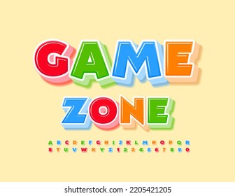 Vector colorful logo Game Zone. Bright creative Font. Kids 3D Alphabet Letters and Numbers set