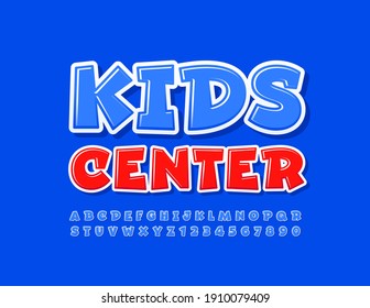 Vector colorful logo Kids Center. Blue Creative Font. Bright Alphabet Letters and Numbers.