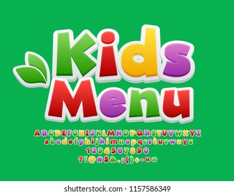 Vector Colorful Logo Kids Menu. Cute Bright Font. Playful Alphabet Letters, Numbers And Symbols.