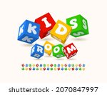 Vector colorful logo Kids Room with cute blocks Alphabet Letter and Numbers. 3D playful Font