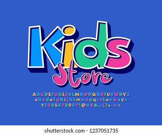 Vector Colorful logo Kids Store. Set of funny Alphabet Letters, Numbers and Symbols. Original bright Font.