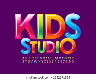Vector colorful logo Kids Studio. Bright glossy Font. Colorful candy style Alphabet Letters and Numbers 