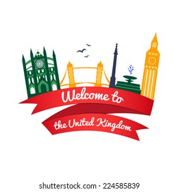 Vector colorful logo landmarks of United Kingdom with ribbon and welcome message
