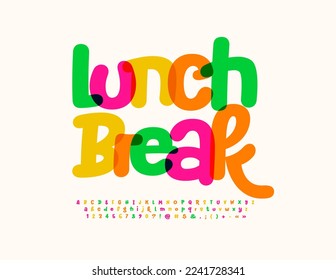 Vector colorful logo Lunch Break. Playful bright Font. Creative handwritten Alphabet Letters and Numbers