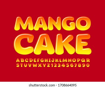 Vector colorful logo Mango Cake with sweet Alphabet Letters and Numbers set. Glossy bright Font