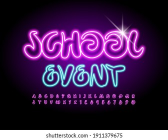 Vector colorful logo School Event. Glowing Pink Font. Neon Alphabet Letters and Numbers set