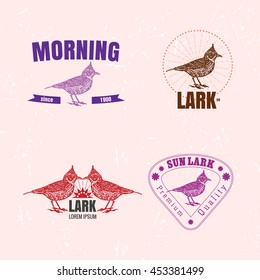 Vector colorful logo set with desert Crested lark bird. The lark bird as main element of logotypes on pink background. 