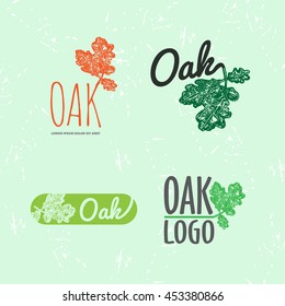 Vector colorful logo set with oak leaf and acorn. The oak leaf as main element of logotypes on green background.