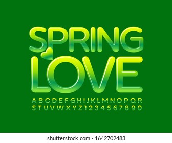 Vektorfarbiges Logo Spring Love. Grüner Glossy Font. Künstlerische Alphabet-Buchstaben und -Zahlen.