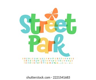 Vector colorful logo Street Park. Bright Handwritten Font. Artistic Alphabet Letters and Numbers set