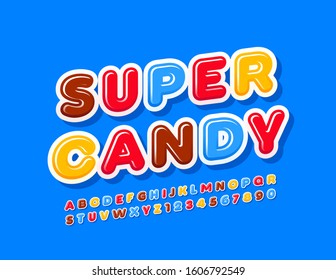 Vector colorful logo Super Candy.  Bright modern Font for Kids. Creative  Alphabet Letters and Numbers.