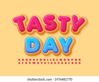 Vector Colorful logo Tasty Day. Kids Bright Font. Glazed Donut Alphabet Letters and Numbers