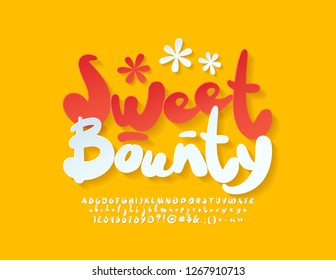 Vector colorful Logo with text Sweet Bounty. Handwritten playful Alphabet Letters, Numbers and Symbols. White funny Font.