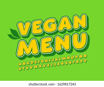 Vector colorful logo Vegan Menu. Bright 3D Alphabet Letters and Numbers for Creative Marketing design.
