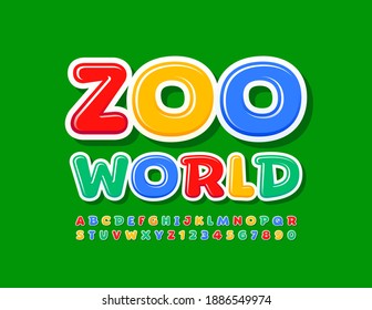 Vector colorful logo Zoo World. Playful bright Font. Children style Alphabet Letters and Numbers set