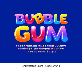 Vector colorful logotype Bubble Gum with Glossy Font. Sweet Alphabet Letters, Numbers and Symbols.