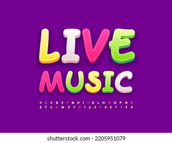 Vector colorful logotype Live Music.  Modern creative Font. Bright funny Alphabet Letter and Numbers