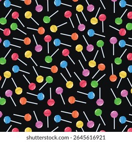 Vetor colorido pirulito padrão sem costura. Desenho animado fundo doce colorido retro doce.
