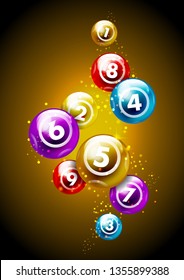 Lotería de color vectorial / número de bola de bingo de 1 a 9 aislado en fondo dorado