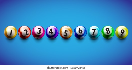 Vector colorful lottery / bingo ball with shadow number from 1 to 9 isolated on blue background