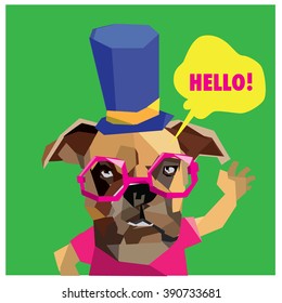 Vector colorful low polygonal pop art dog say hello