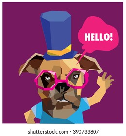 Vector colorful low polygonal pop art dog say hello