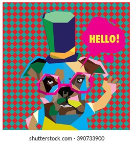 Vector colorful low polygonal pop art dog say hello