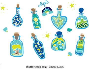Vector colorful magical glass bottles with stars, rose, leaves, mountains, light bulbs, seashells,  sand, tree