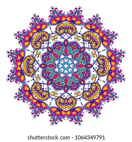 Vector colorful mandala pattern of henna floral elements based on traditional Asian ornaments. Paisley Mehndi Tattoo Doodle illustration.