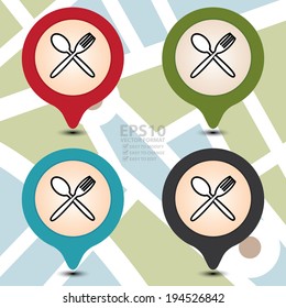 Vector : Colorful Map Pointer With Food Center, Food Court, Cafeteria Service, Canteen or Restaurant Icon on POI Map Background 