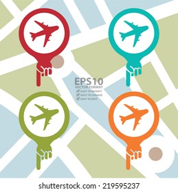 Vector : Colorful Map Pointer Icon With Aeroplane, Airplane, Airport, Landing Field, or Logistic Sign in POI Map background
