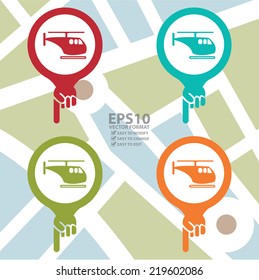 Vector : Colorful Map Pointer Icon With Helicopter or Helicopter Parking Sign in POI Map Background