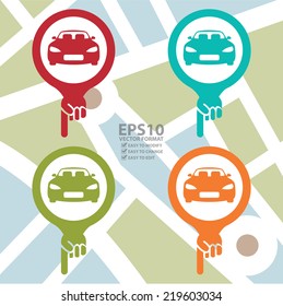 Vector : Colorful Map Pointer Icon With Car, Car Showroom, Car Rental Service or Car Park Sign in POI Map Background