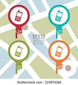 Vector : Colorful Map Pointer Icon With Telephone Service, Mobile Phone Shop Sign in POI Map Background