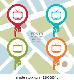 Vector : Colorful Map Pointer Icon With Television, TV, Electronic Shop or Electronic Repair Service Sign in POI Map Background