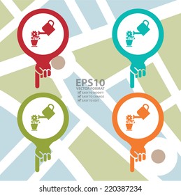 Vector : Colorful Map Pointer Icon With Gardening, Plant Watering Pot or Plant Watering Can Sign in POI Map Background